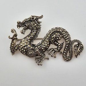 Vintage Dragon Silver Marcasite Pin w/ Ruby Eye